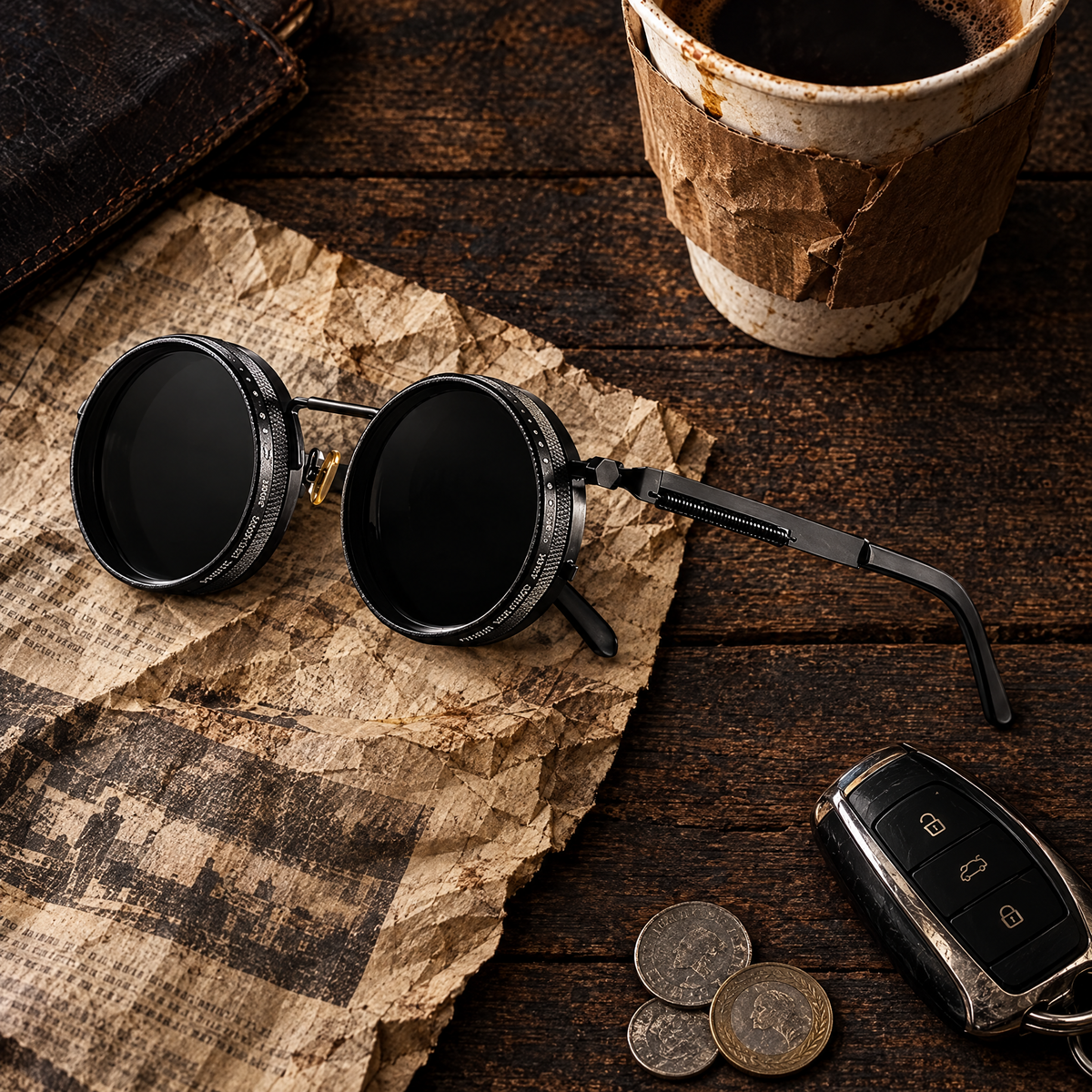 Vovan Shades flat lay with coffee and car keys