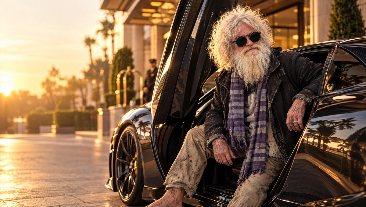 Vovan stepping out of a hypercar wearing Vovan Shades