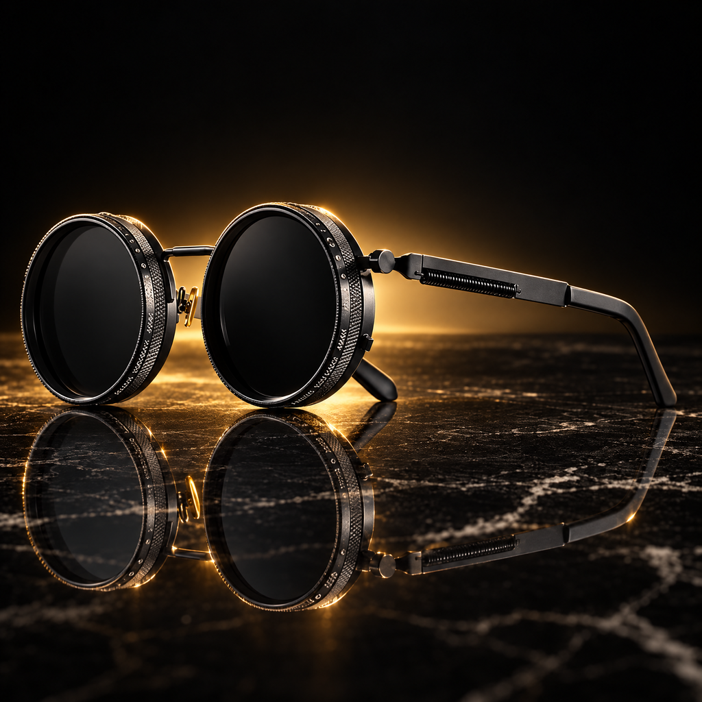 Vovan Shades round steampunk sunglasses on black marble